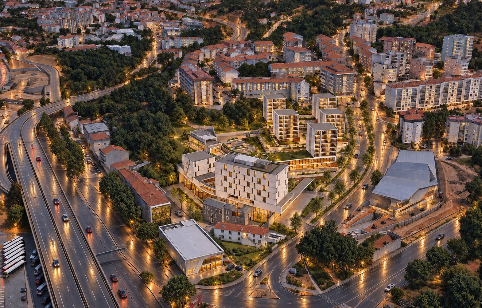 Vista aérea do Empreendimento Arco Pintado ao entardecer