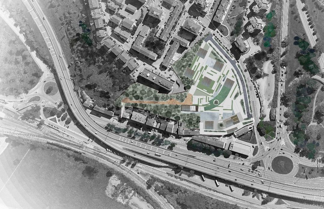 Planta de implantação do empreendimento sobre vista aérea, entre o viaduto e o bairro do Arco Pintado